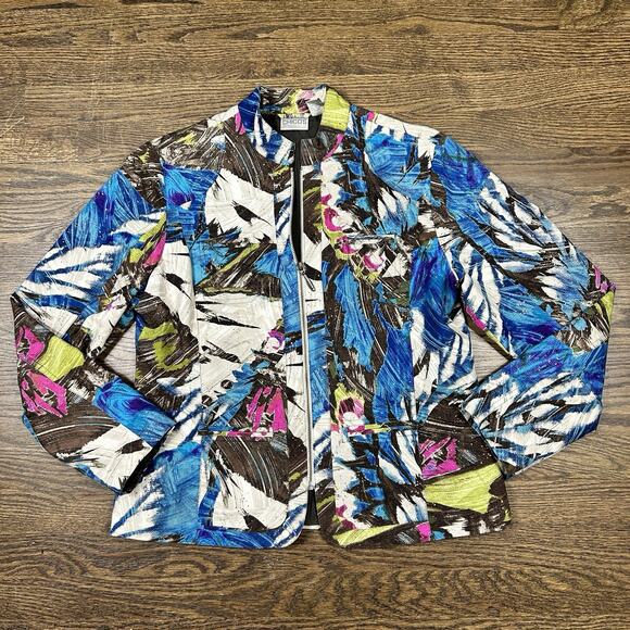 Chicos Jacket Women 1 | Medium Brown Blue Full Zip Pockets Long Sleeve Abstract - Picture 1 of 10